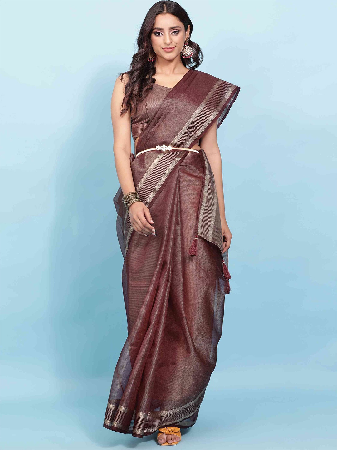 

elora Zari Organza Silk Bhagalpuri Saree, Brown