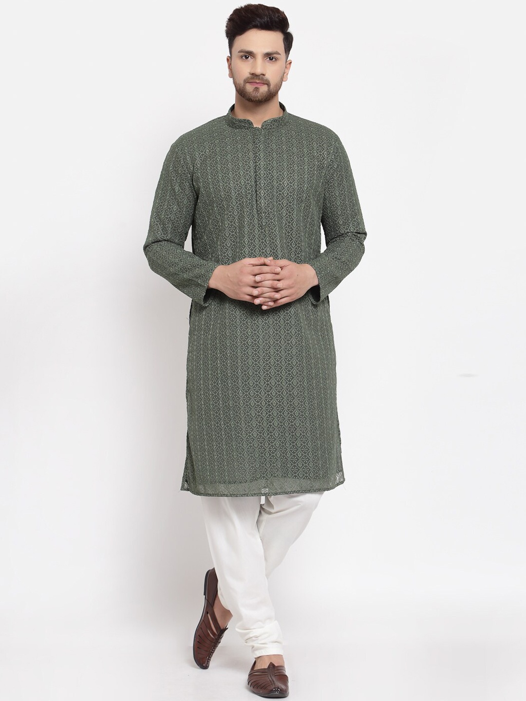 

MOHANLAL SONS Ethnic Motifs Embroidered Georgette Kurta with Pyjamas, Green