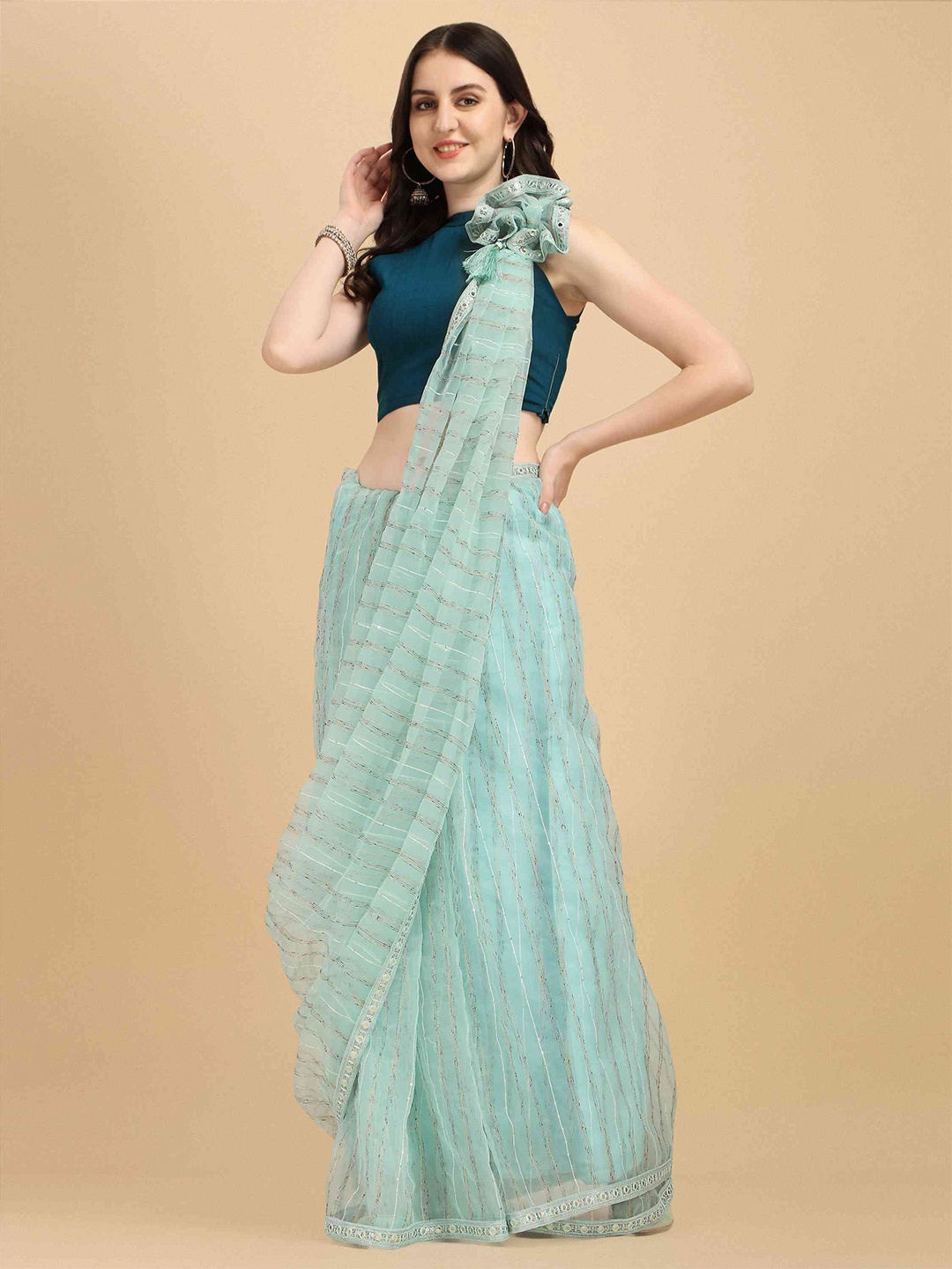 

elora Striped Sequinned Organza Bhagalpuri Saree, Blue