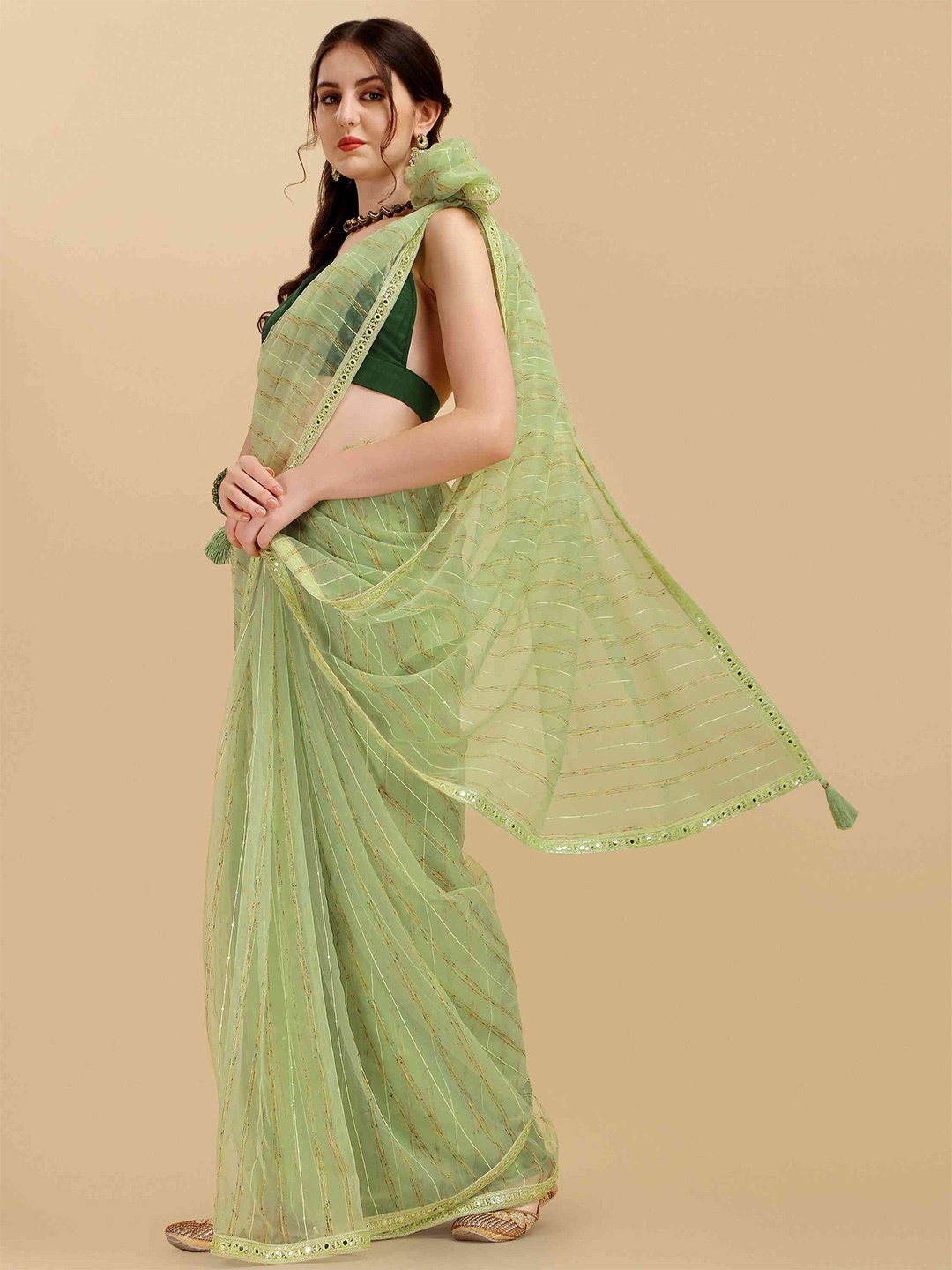 

elora Striped Sequinned Organza Bhagalpuri Saree, Green