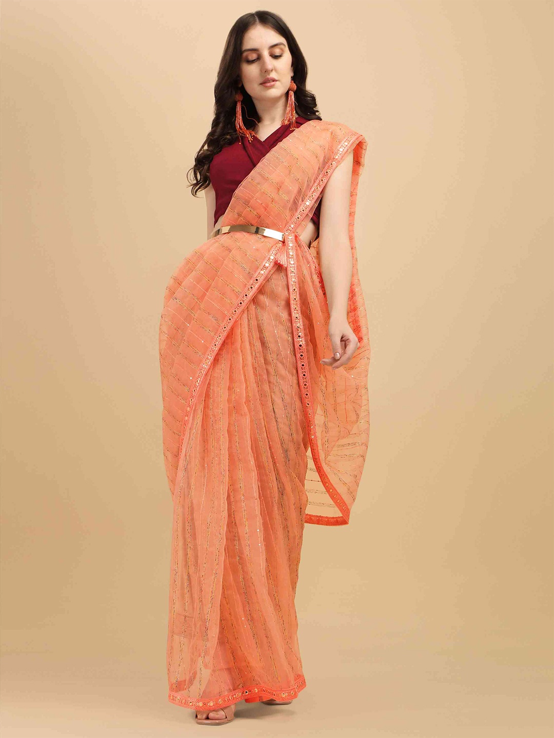 

elora Striped Sequinned Organza Bhagalpuri Saree, Peach