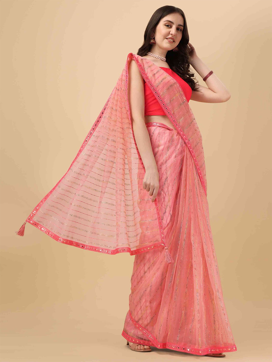 

elora Striped Organza Bhagalpuri Saree With Blouse Piece, Pink