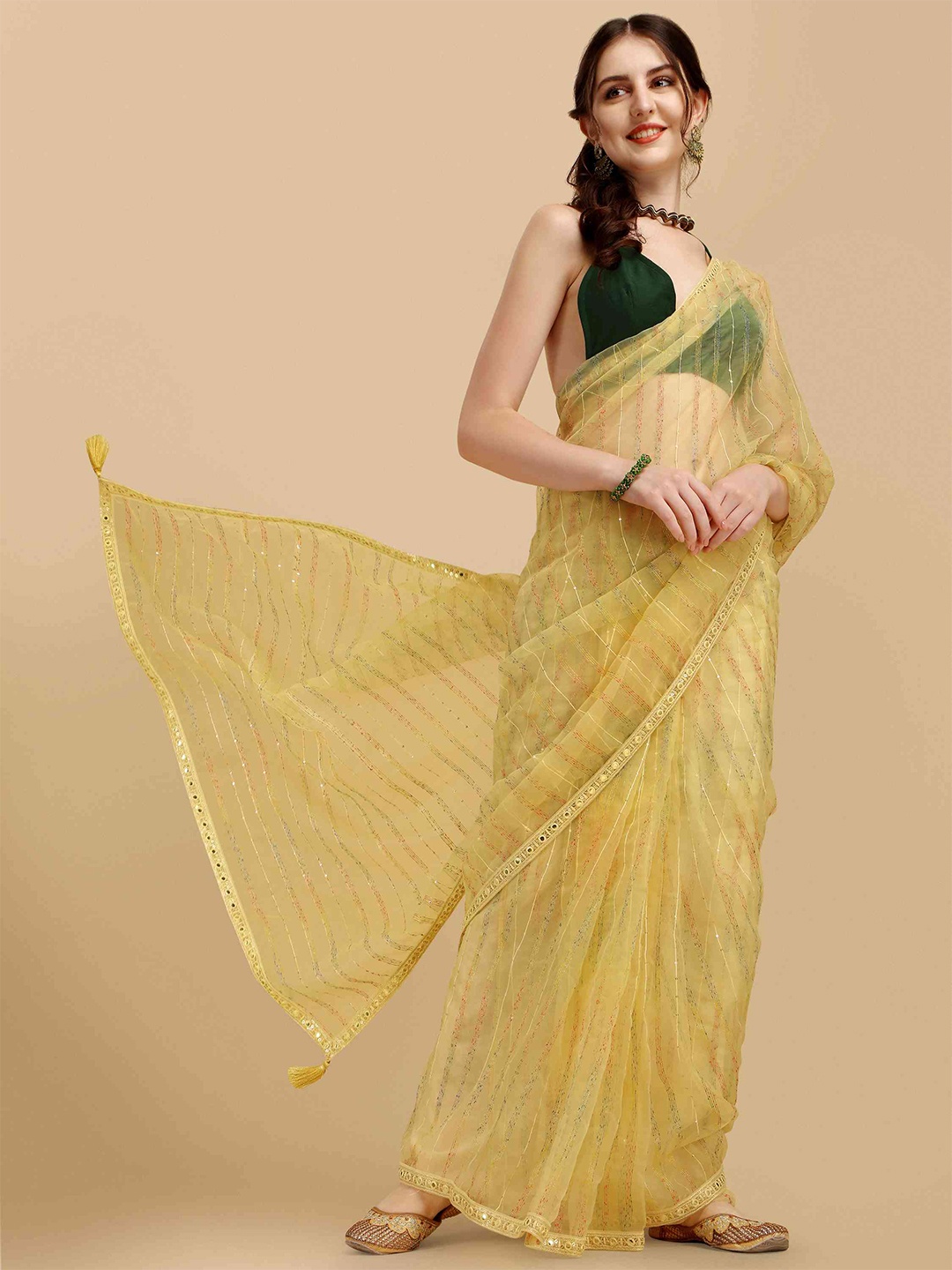 

elora Striped Organza Bhagalpuri Saree With Blouse Piece, Yellow