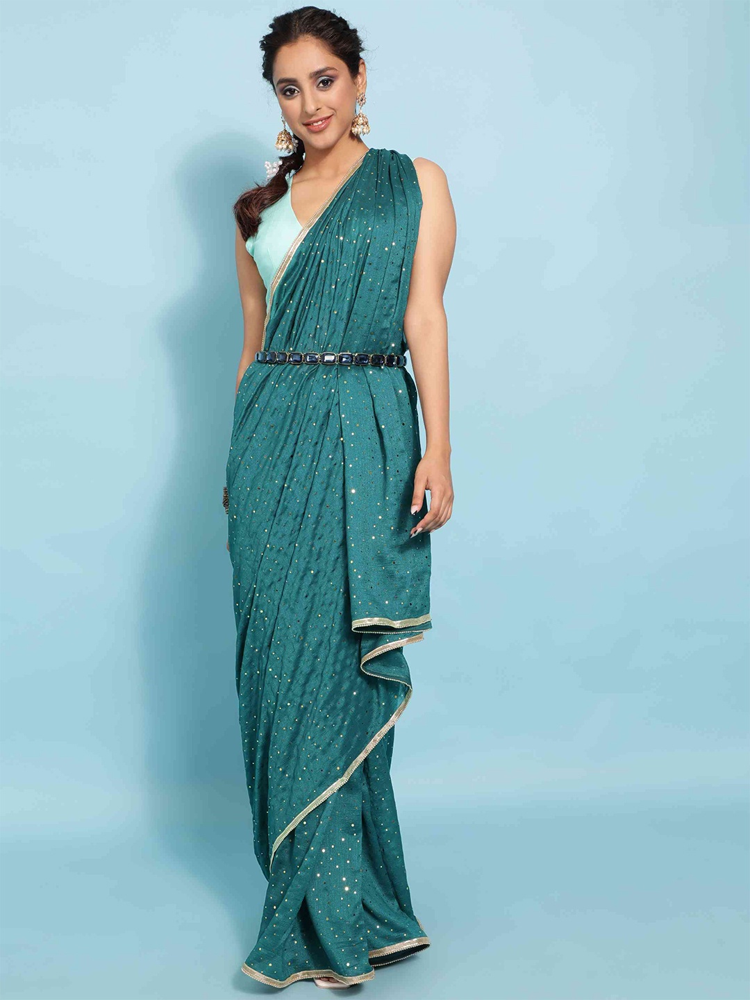 

elora Embellished Sequinned Crepe Silk Bhagalpuri Saree, Teal