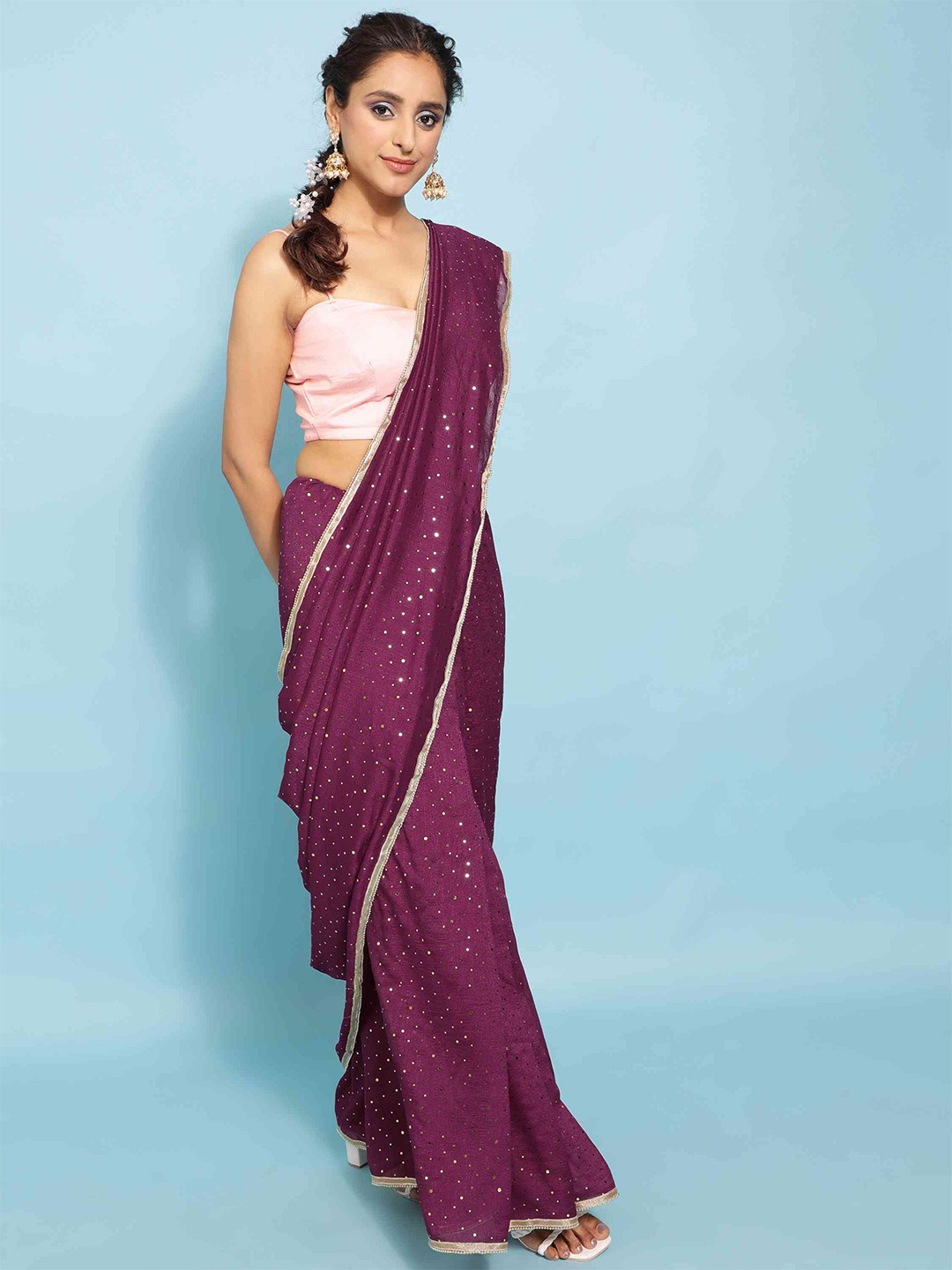 

elora Sequin Embellished Saree, Burgundy