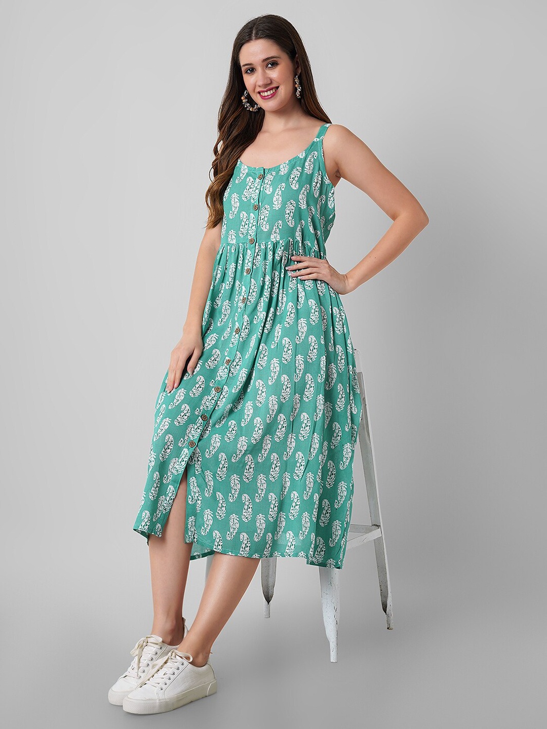 

Mollar Ethnic Motifs Gathered Fit & Flare Midi Dress, Turquoise blue
