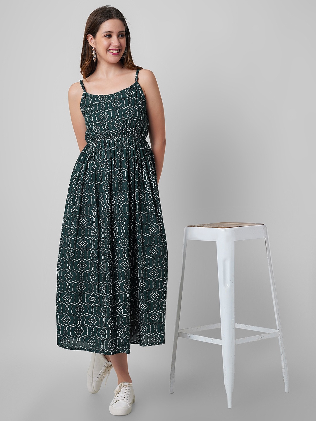 

Mollar Bandhani Ethnic Motifs Printed Shoulder Strap Gathered Fit & Flare Midi Dress, Green