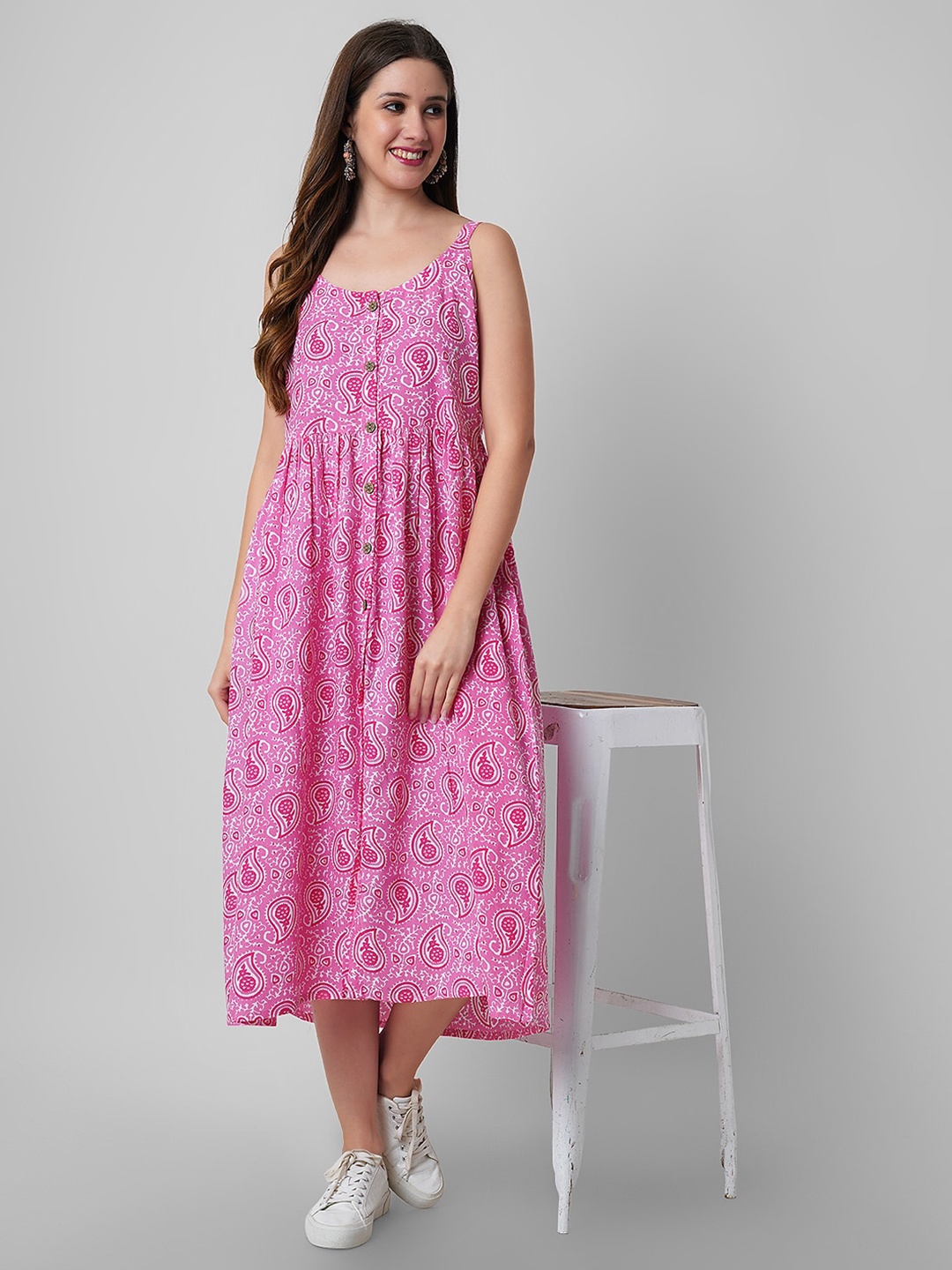 

Mollar Paisley Ethnic Motifs Printed Shoulder Strap Gathered Fit & Flare Midi Dress, Pink