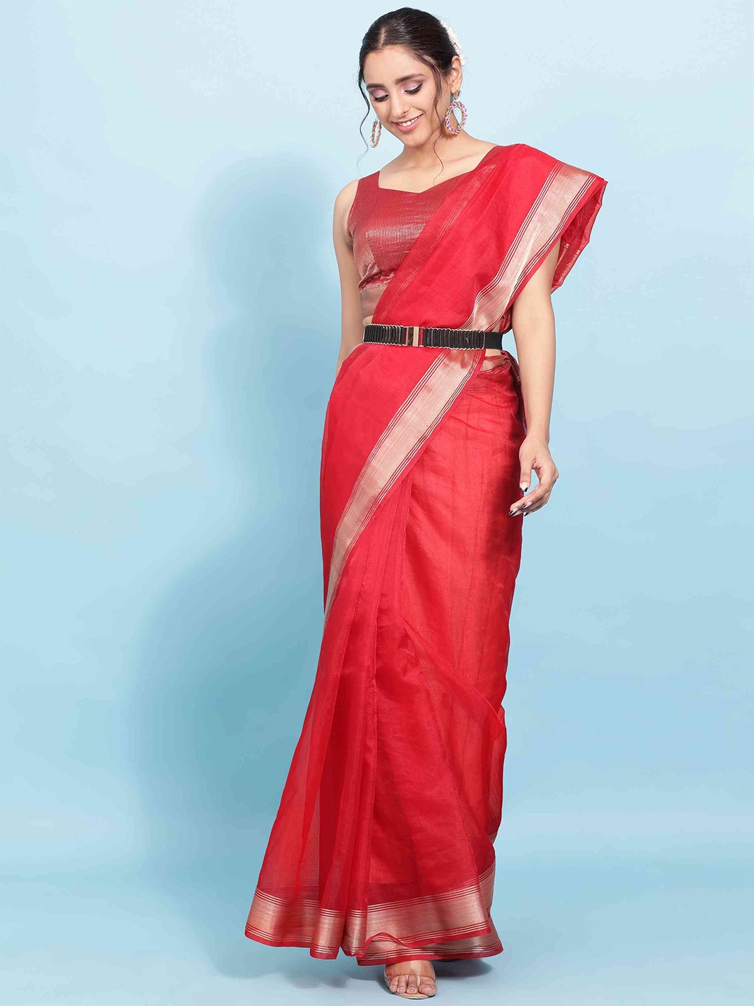 

elora Woven Zari Organza Chanderi Saree, Red
