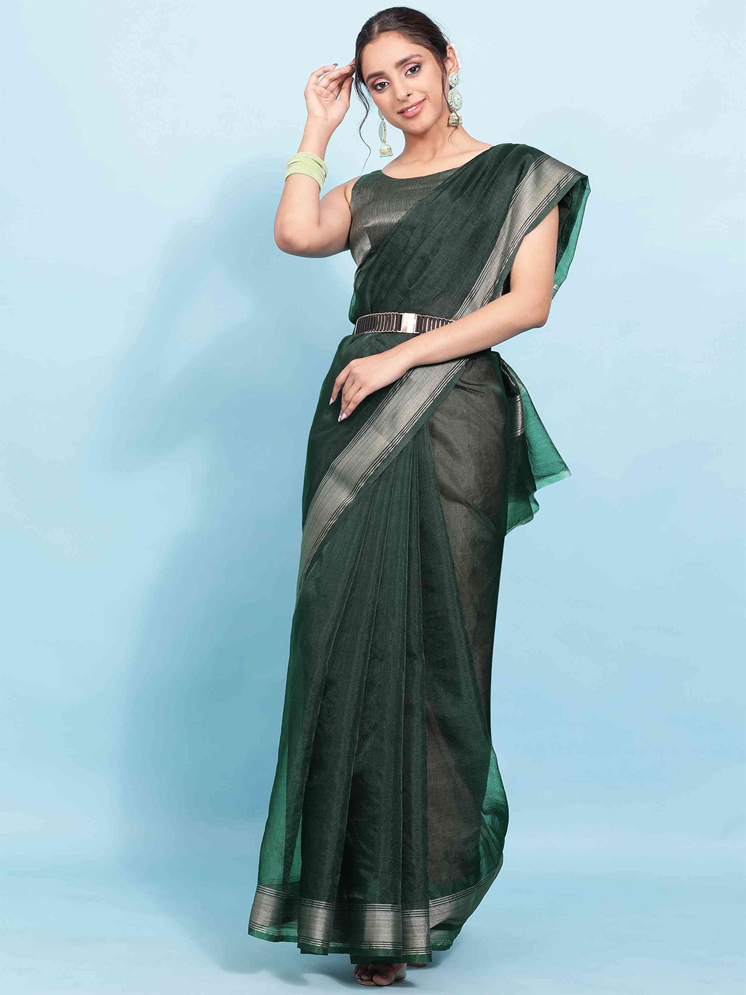 

elora Woven Zari Organza Chanderi Saree, Green