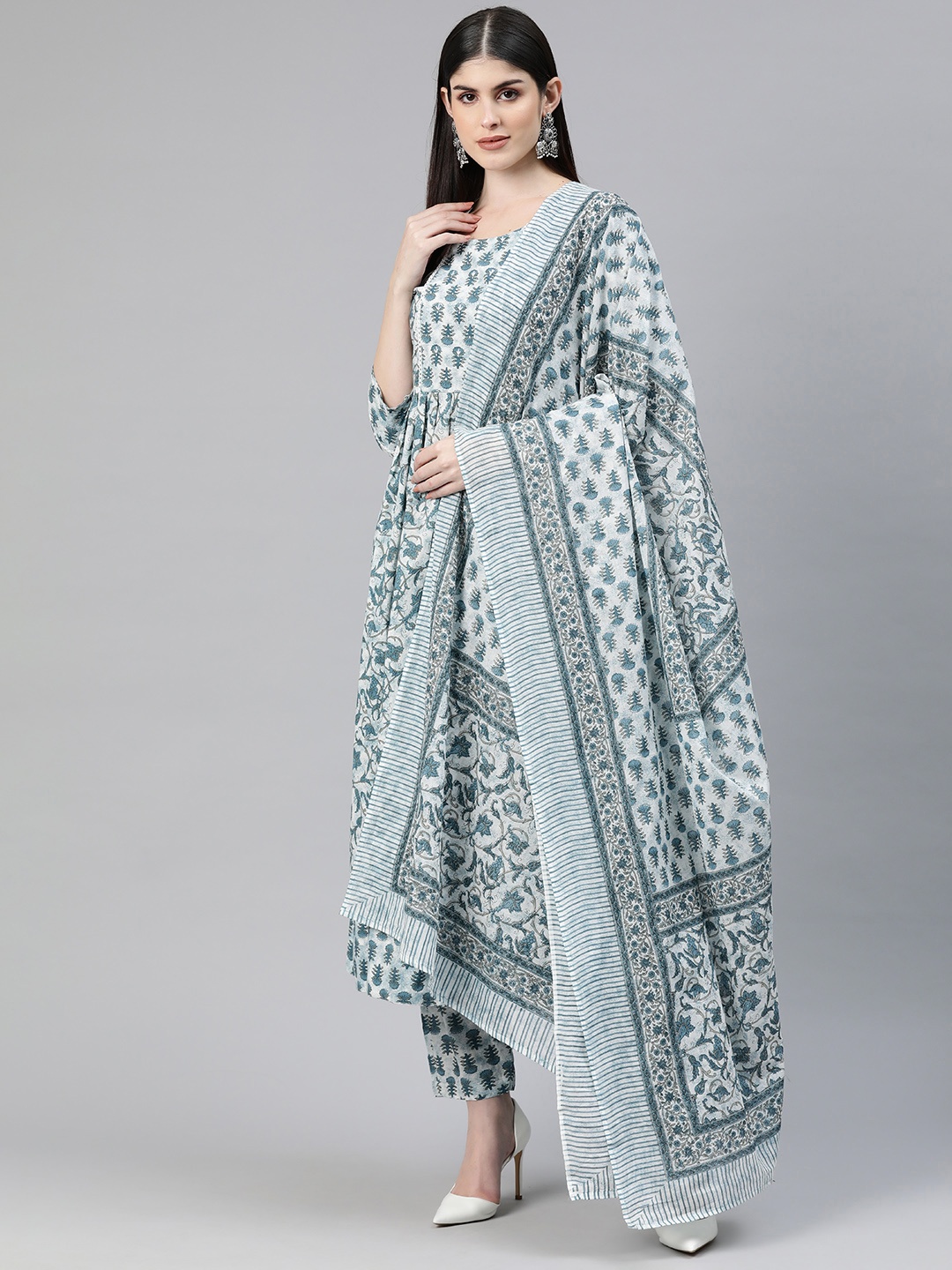 

Readiprint Floral Printed Pleated Sequinned Cotton Kurta with Palazzos & Dupatta, Blue
