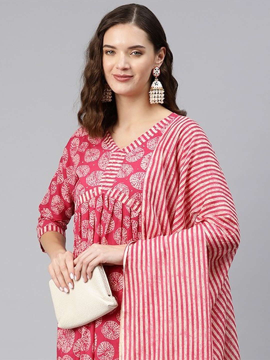 

Readiprint Women Printed Pleated Sequinned Cotton Kurta with Palazzos & Dupatta, Pink