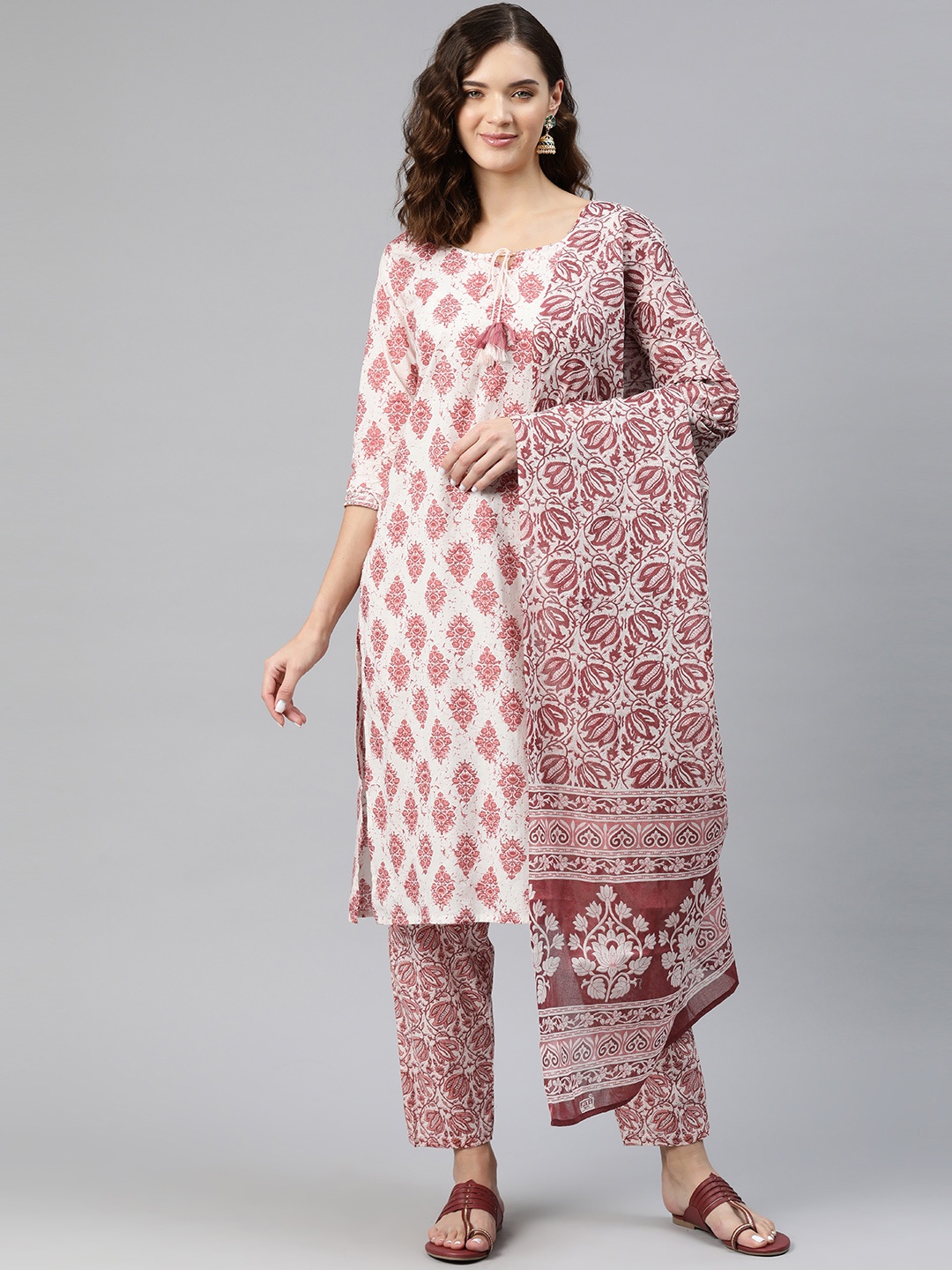 

Readiprint Fashions Floral Printed Sequinned Pure Cotton Kurta with Trousers & Dupatta, White