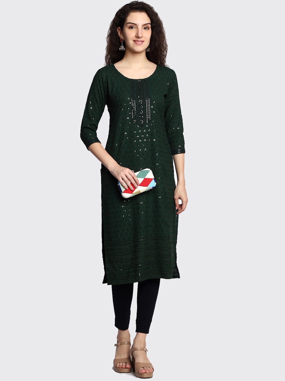 

HIGHLIGHT FASHION EXPORT Sequinned Embellished Straight Kurta, Green
