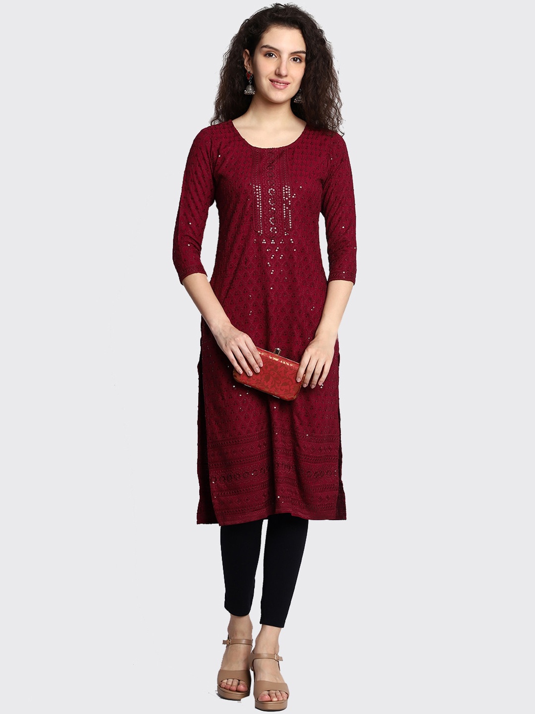 

HIGHLIGHT FASHION EXPORT Ethnic Motifs Woven Design Sequinned Kurta, Maroon