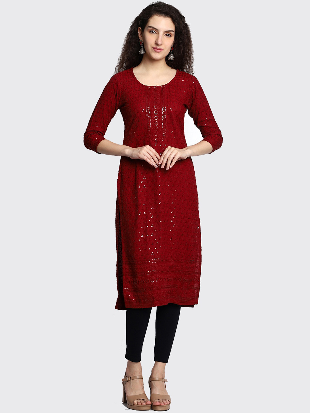 

HIGHLIGHT FASHION EXPORT Sequinned Embellished Straight Kurta, Maroon