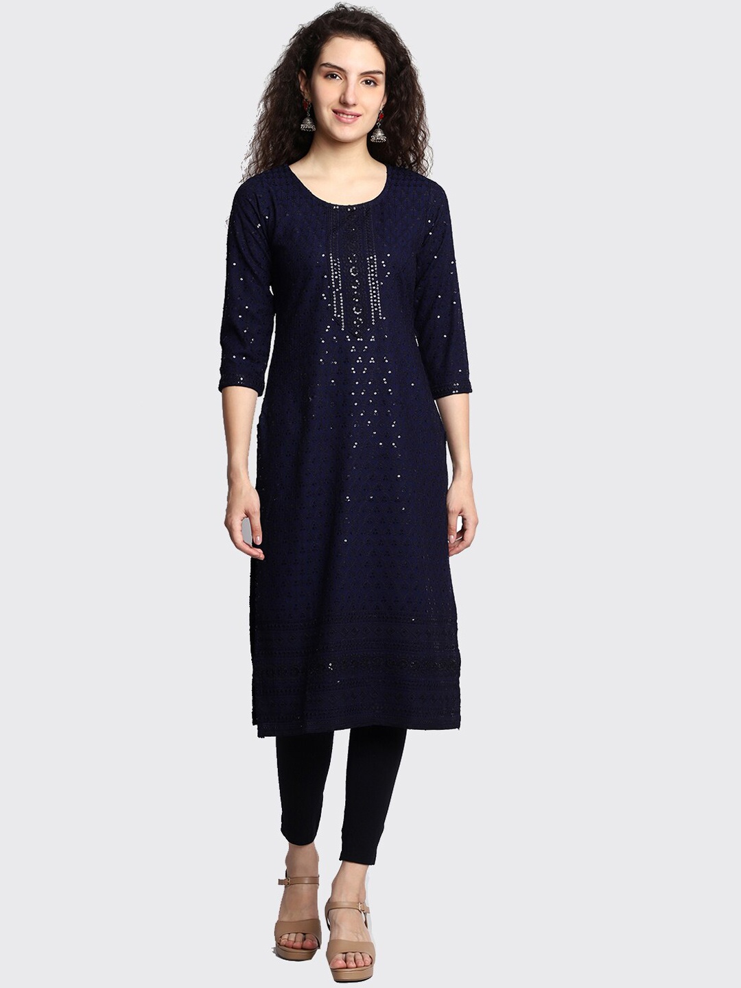 

HIGHLIGHT FASHION EXPORT Ethnic Motifs Woven Design Sequinned Kurta, Blue
