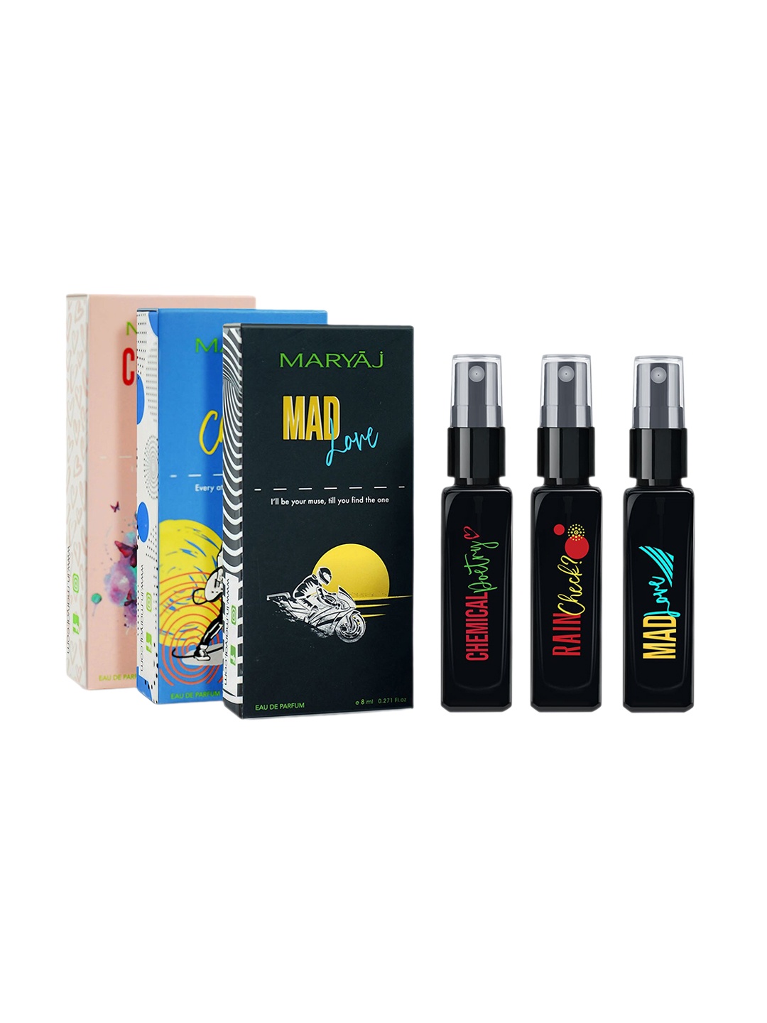 

Maryaj Set Of 3 Pocket Friendly EDP 8 ml Each - Chemical poetry - Mad love - Rain Check, Black