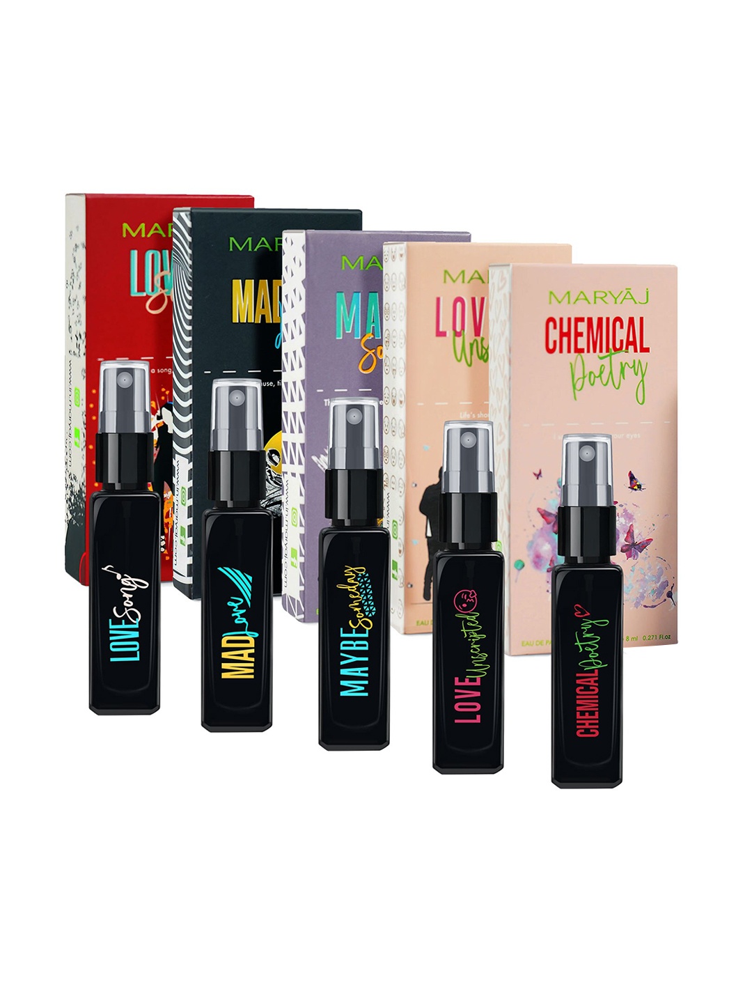 

Maryaj 5-Pcs EDP 8ml Each - Love Song- Maybe Someday- Mad Love- ChemicalPoetry, Black