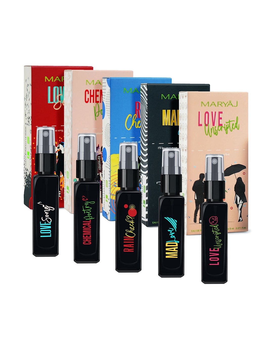 

Maryaj Set of 5 EDP 8ml Each-Love Song-Chemical Poetry-Rain Check-Mad Love-Love Unscripted, Black