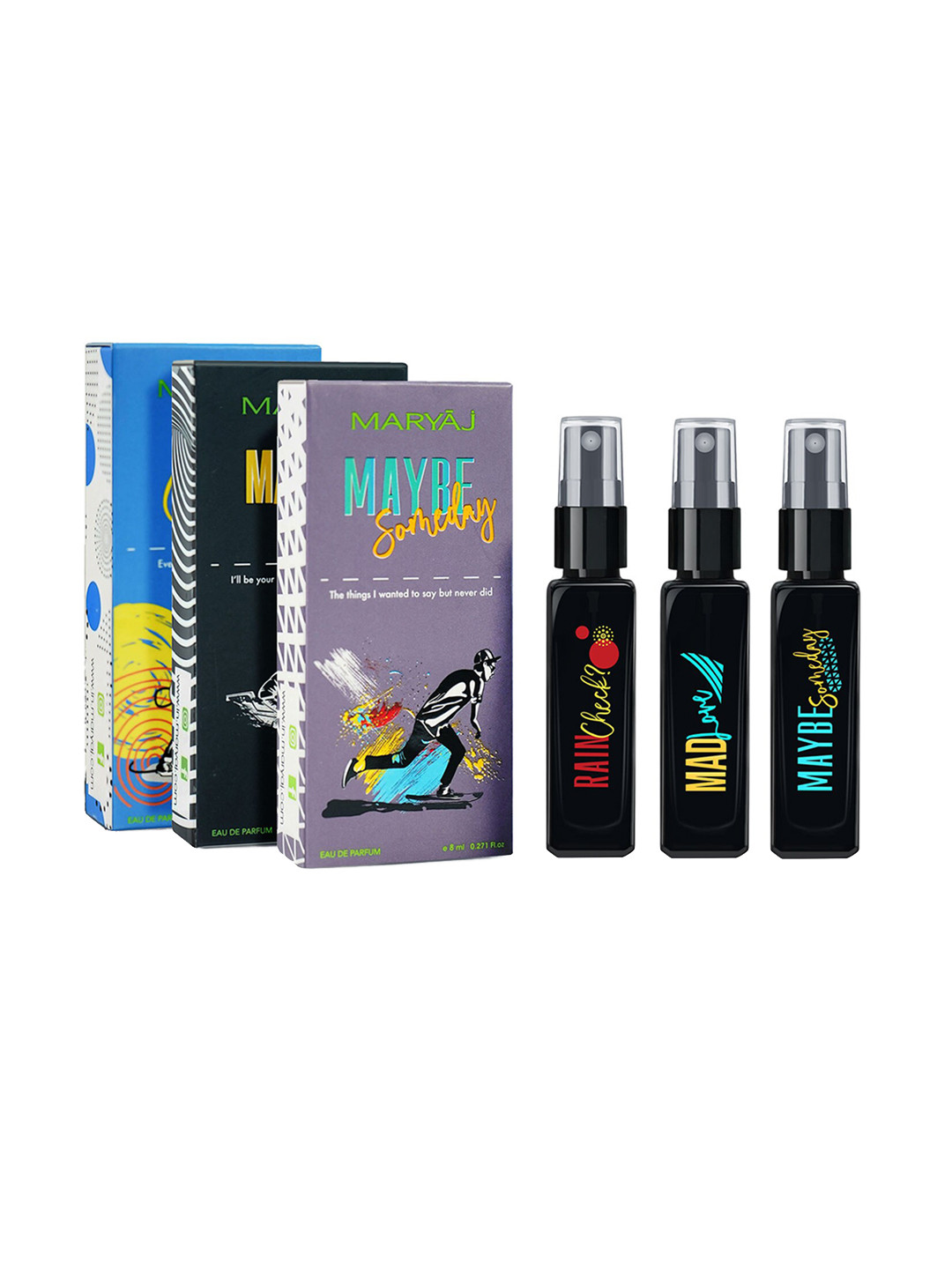 

Maryaj Set Of 3 Long Lasting EDP -8ml Each-Rain Check - Mad Love & Maybe Somebody, Black