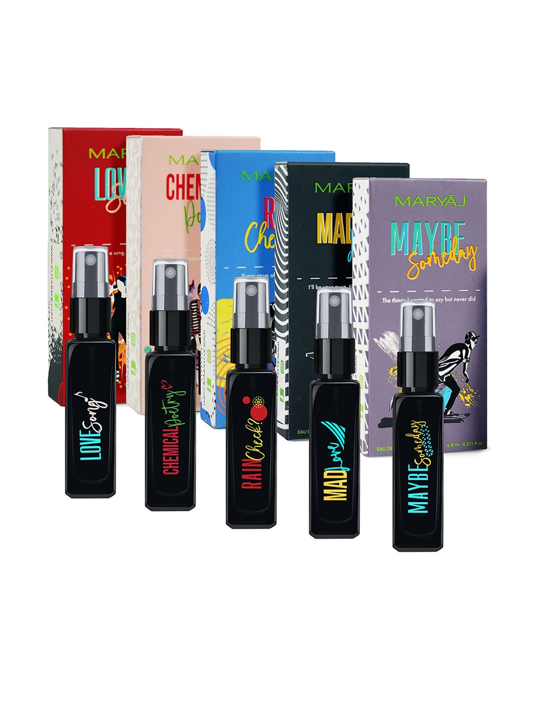 

Maryaj 5-Pcs EDP 8ml Each - Love Song-Maybe Someday-Rain Check-Mad Love-ChemicalPoetry, Black