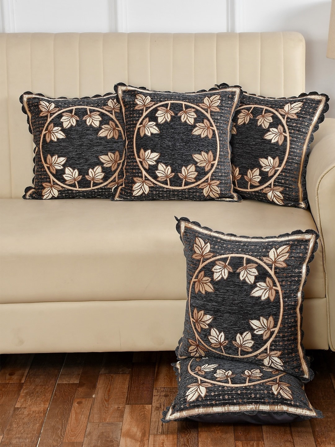 

MULTITEX Grey & Brown 5 Pieces Floral Cotton Square Cushion Covers