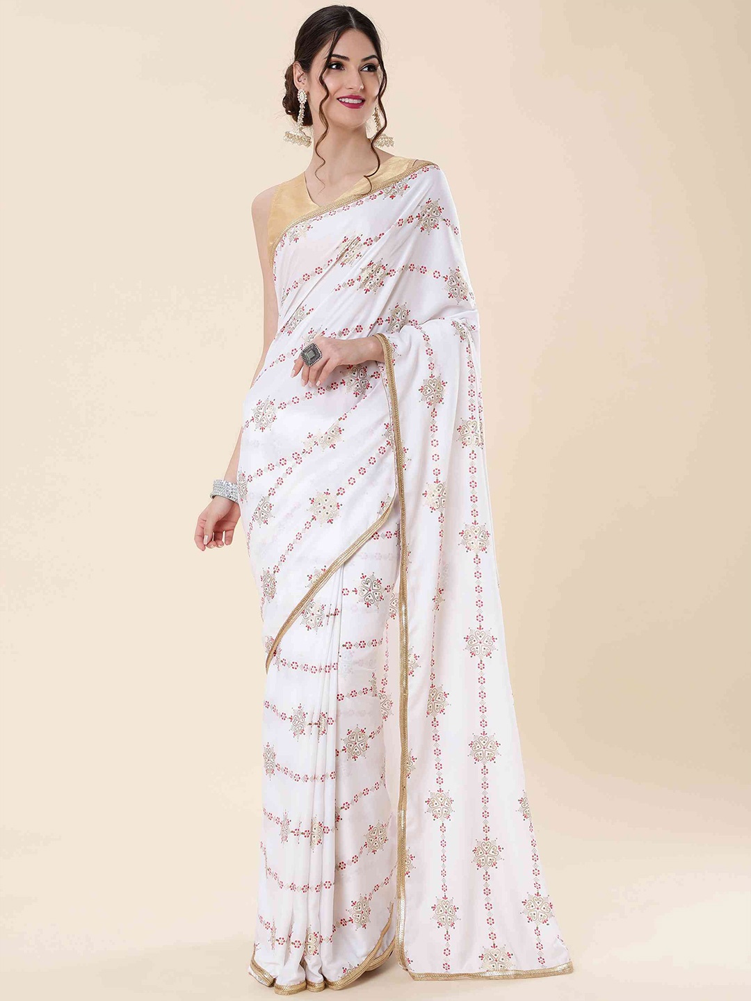 

elora Ethnic Motifs Printed Sequined Bhagalpuri Saree, White