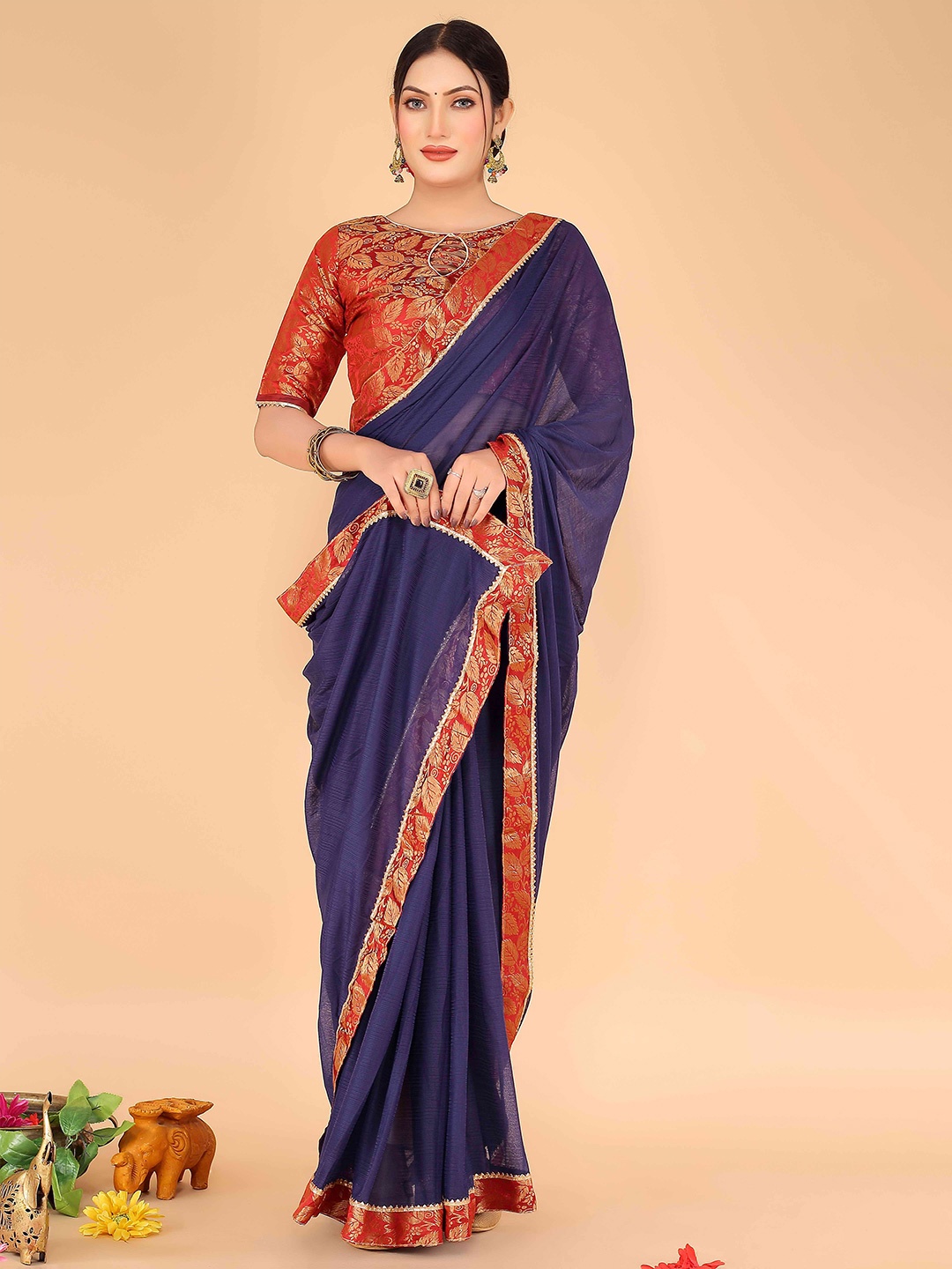 

Florence Zari Art Silk Saree, Navy blue