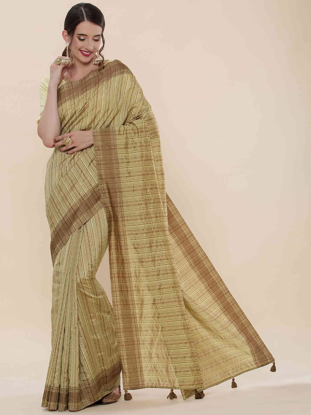 

elora Striped Art Silk Bhagalpuri Saree, Olive