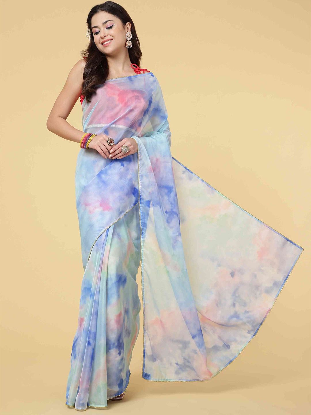

elora Tie and Dye Organza Bhagalpuri Saree With Blouse Piece, Blue