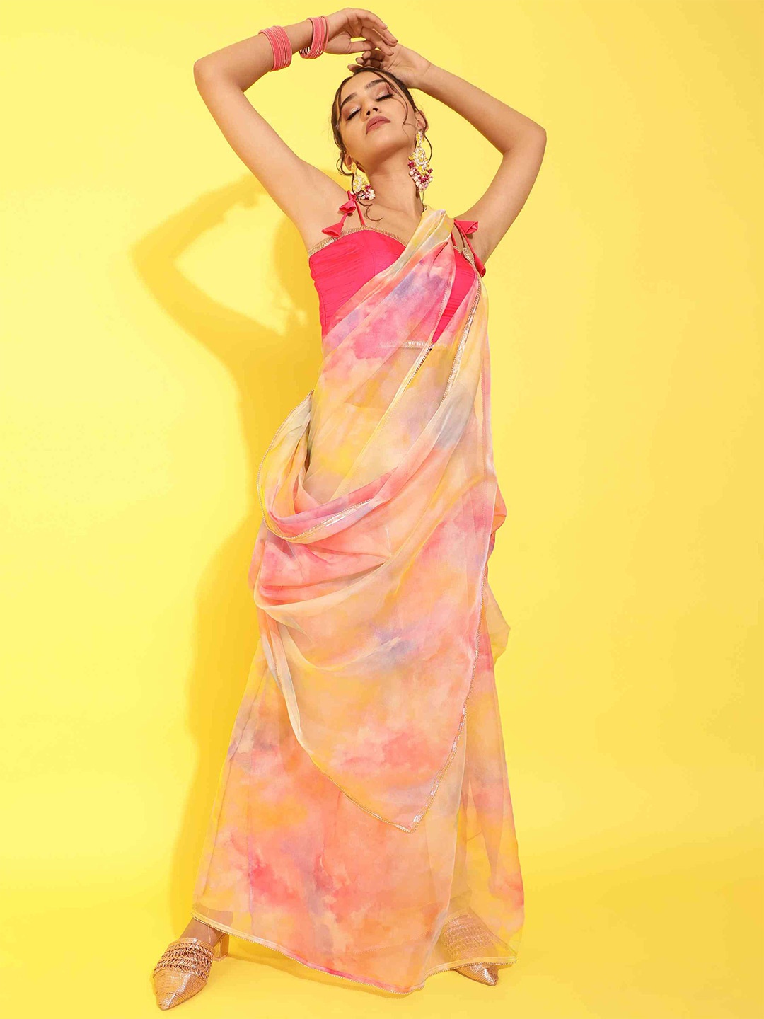 

elora Tie and Dye Organza Bhagalpuri Saree, Orange