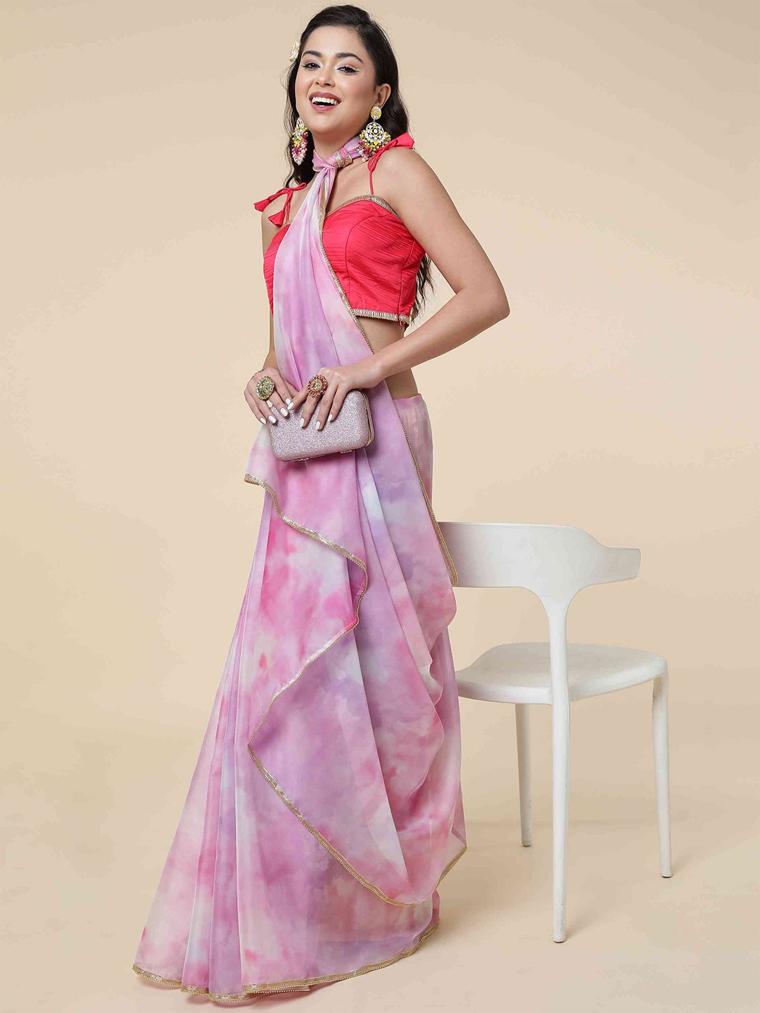 

elora Tie and Dye Organza Bhagalpuri Saree, Pink