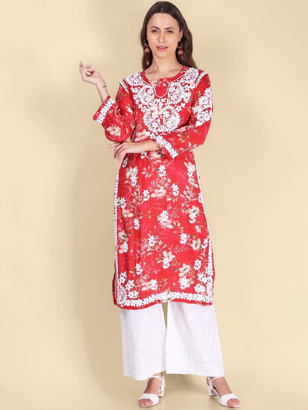 

Syrish Floral Printed Thread Work Straight Kurta, Red