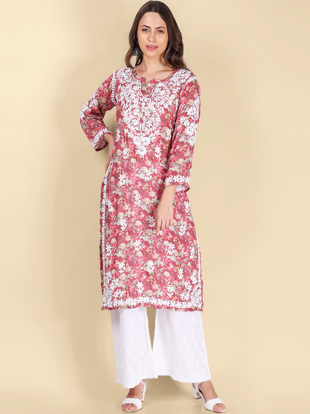 

Syrish Floral Printed Thread Work Straight Kurta, Pink