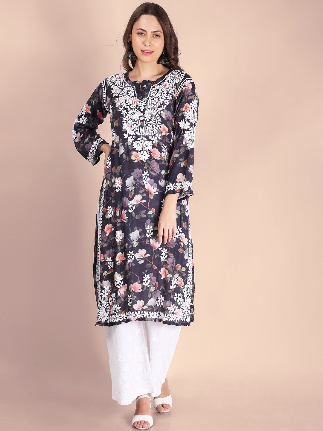 

Syrish Floral Printed Thread Work Straight Kurta, Black