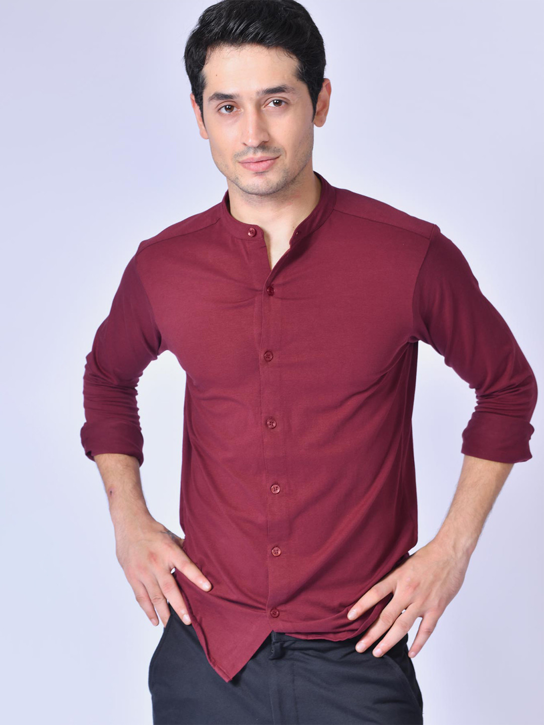 

Beyours Classic Regular Fit Band Collar Casual Shirt, Maroon