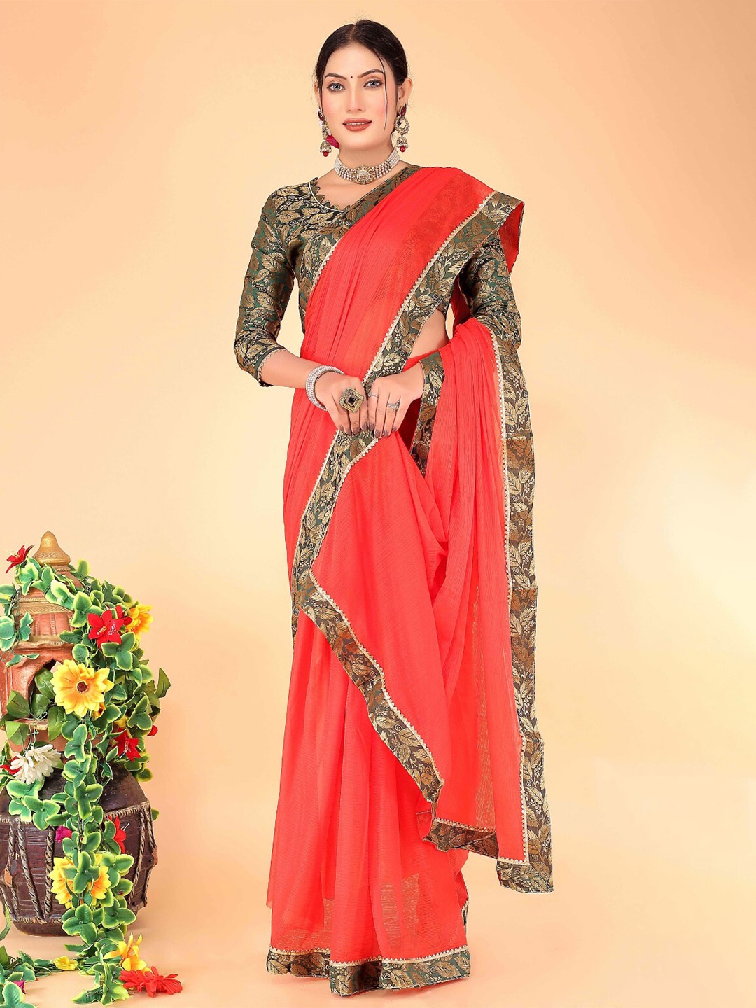 

KALINI Woven Design Gotta Patti Border Art Silk Saree, Coral