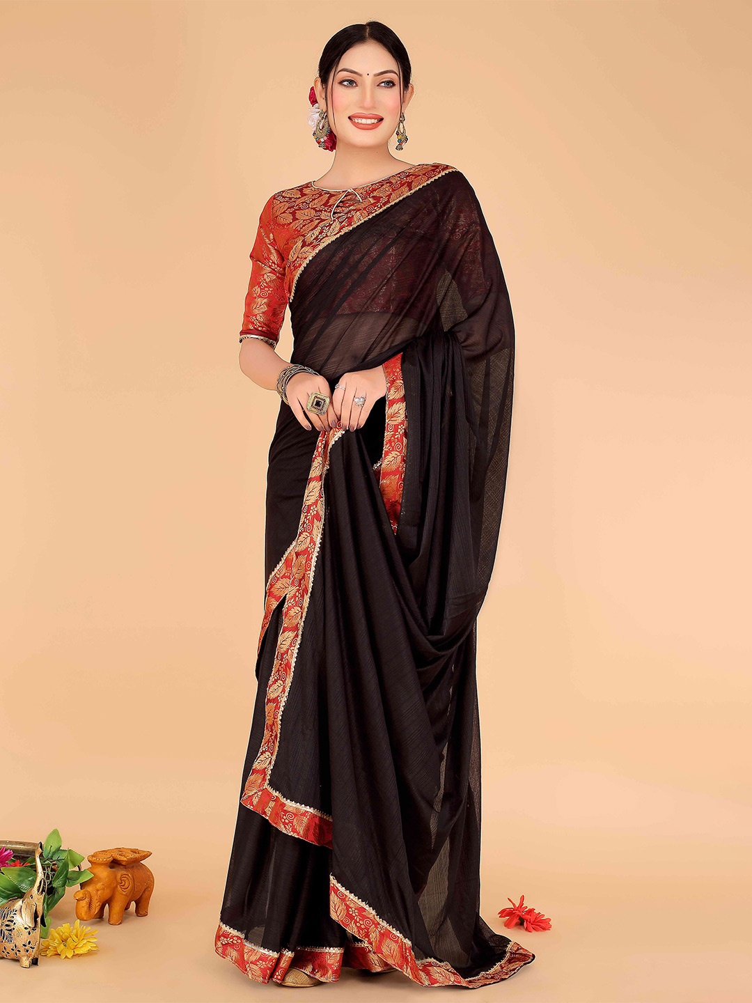 

KALINI Woven Design Border Zari Art Silk Saree, Black