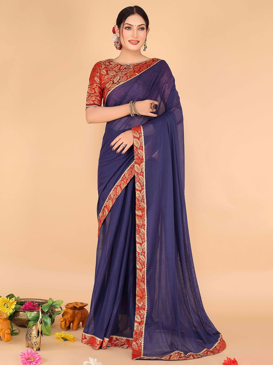 

KALINI Woven Design Border Zari Art Silk Saree, Navy blue