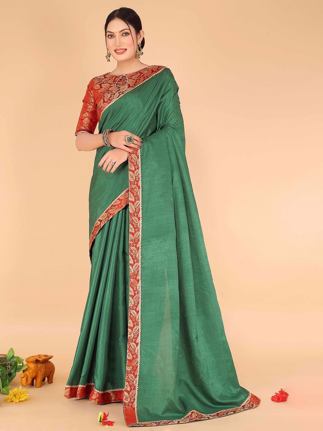 

KALINI Woven Design Border Zari Art Silk Saree, Green