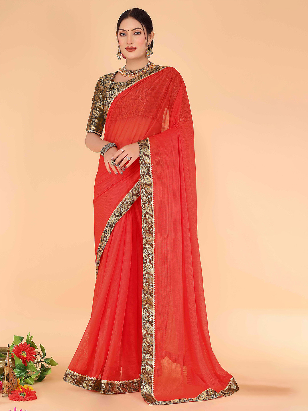 

KALINI Woven Design Border Zari Art Silk Saree, Red