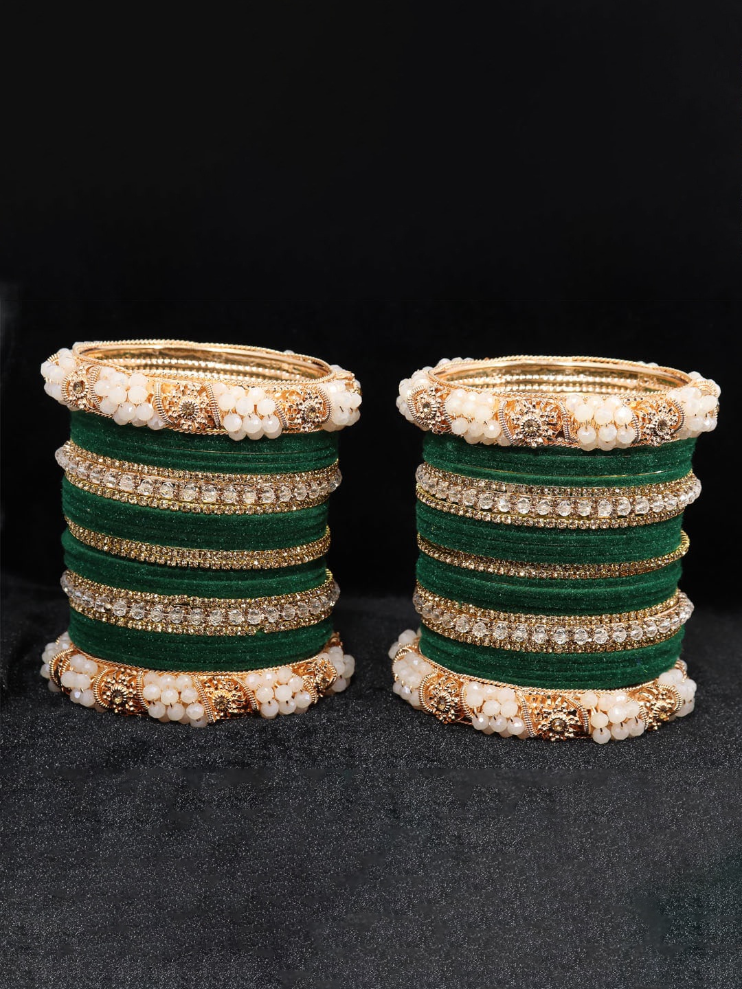 

NMII Set Of 52 Zircon Gemstone Studded & Velvet Metal Bangles, Green