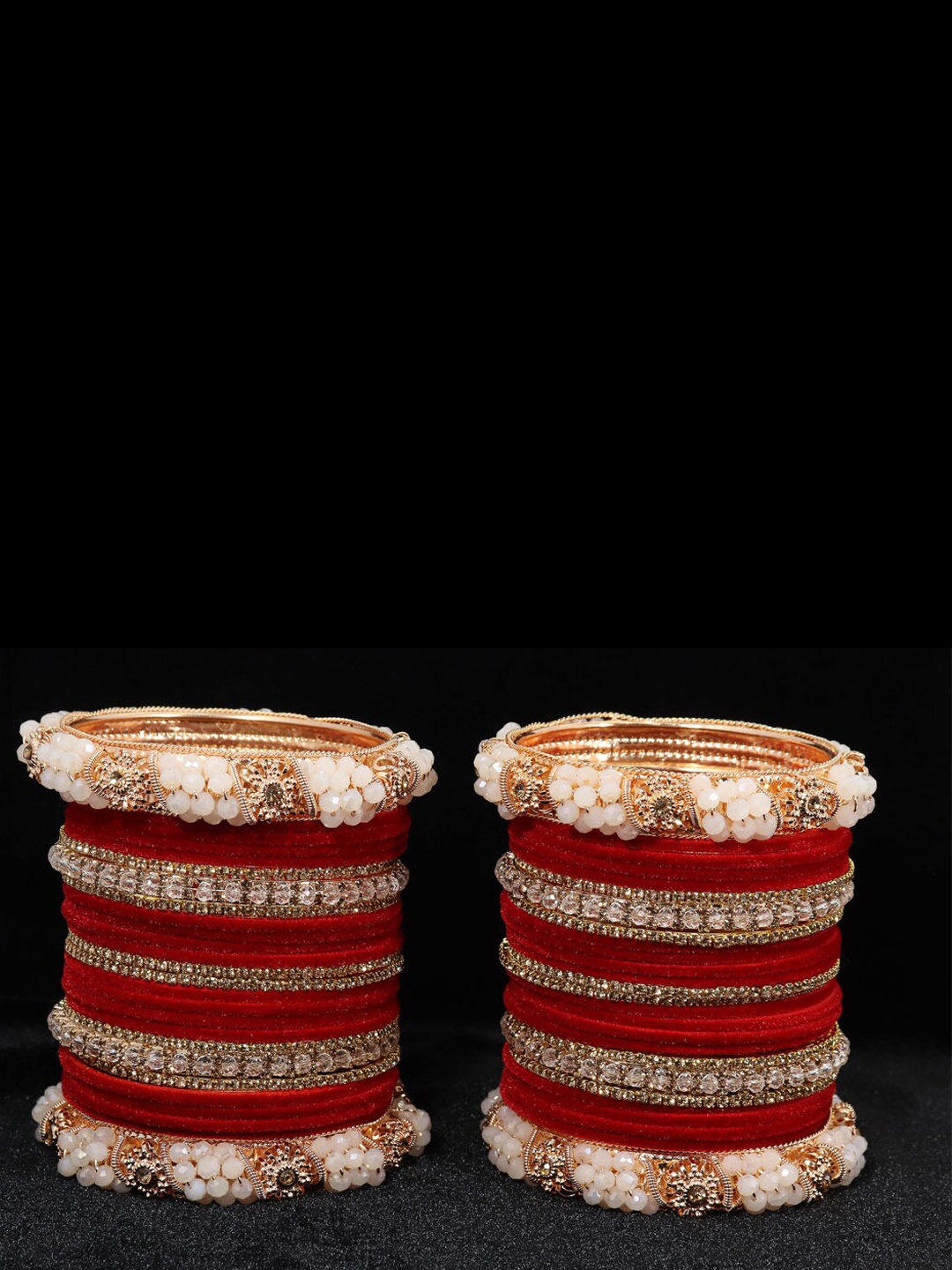 

NMII Set Of 52 Zircon Gemstone Studded & Velvet Metal Bangles, Gold