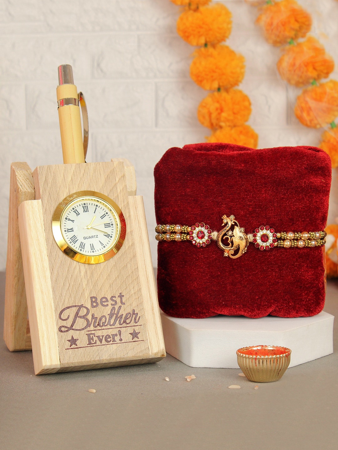 

TIED RIBBONS Ganesha Beaded Rakhi With Penstand Clock & Card Gift Set, Gold