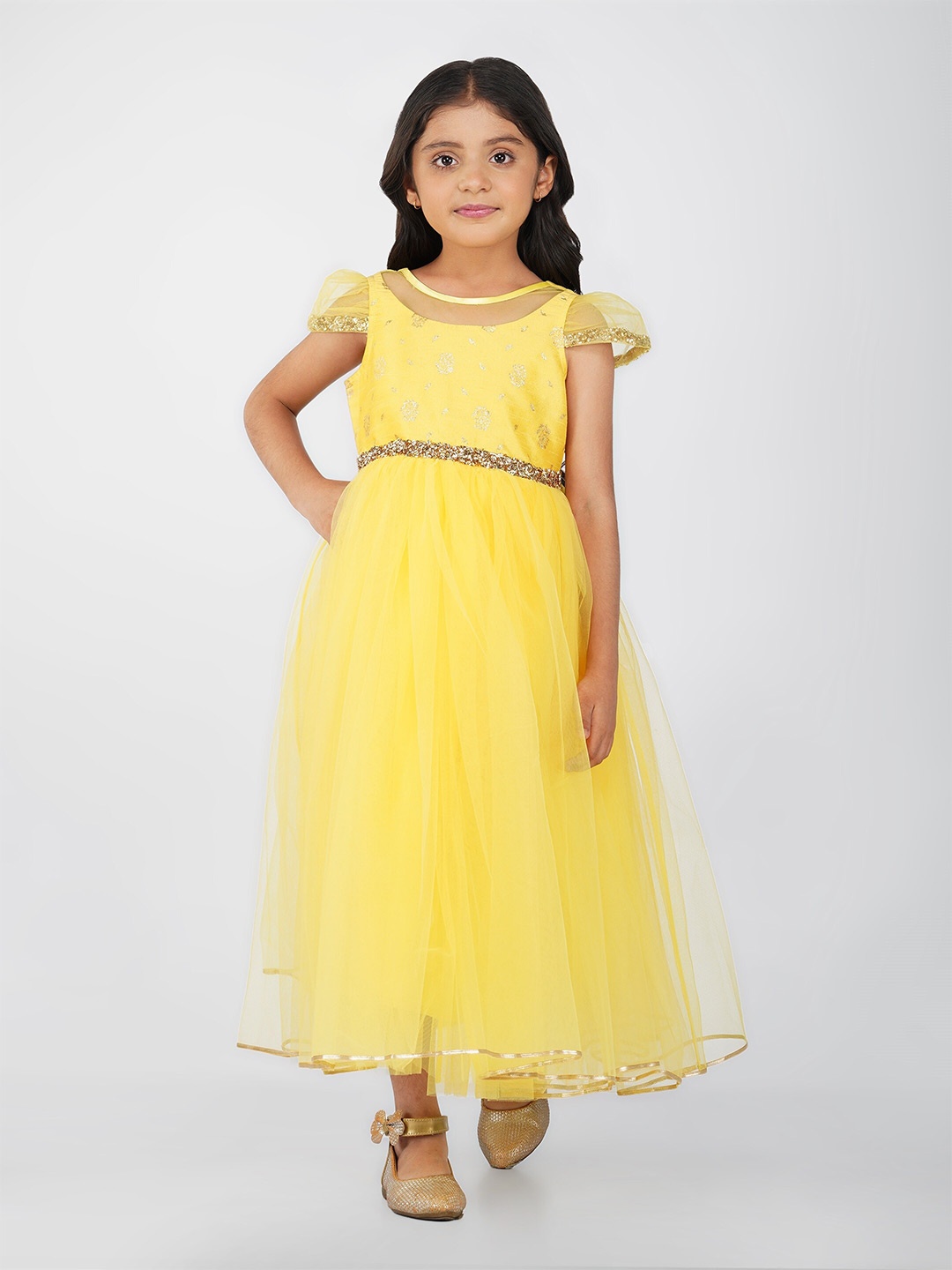 

Toy Balloon kids Girls Embellished Net Fit & Flare Maxi Dress, Yellow