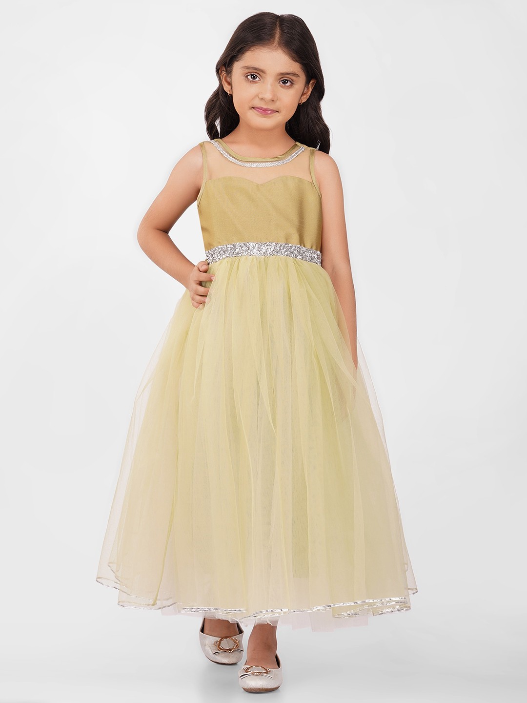 

Toy Balloon kids Girls Boat Neck Embellished Waist Fit & Flare Tulle Maxi Dress, Beige