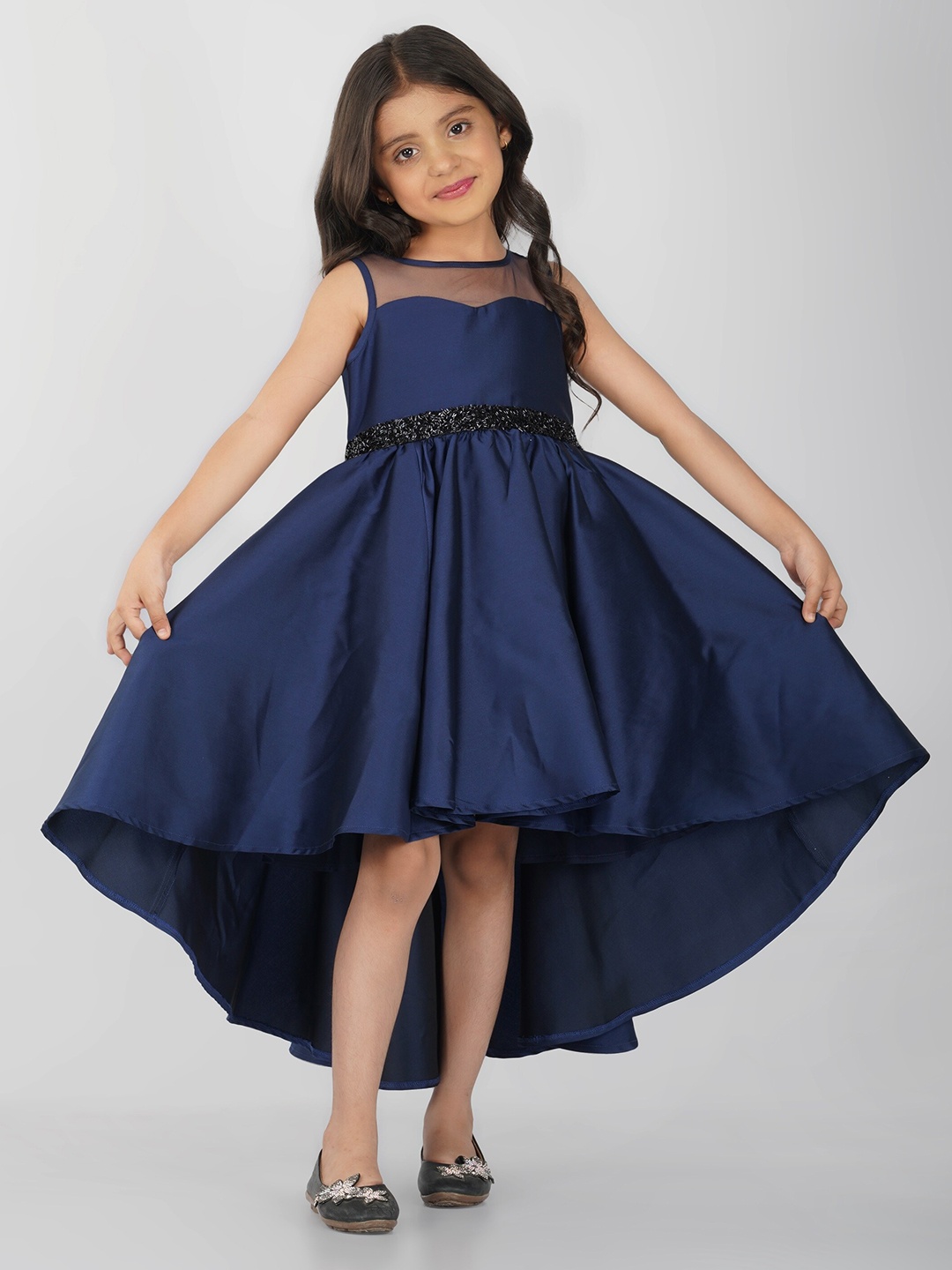 

Toy Balloon Girls High-Low Hemline Satin Fit & Flare Dress, Navy blue