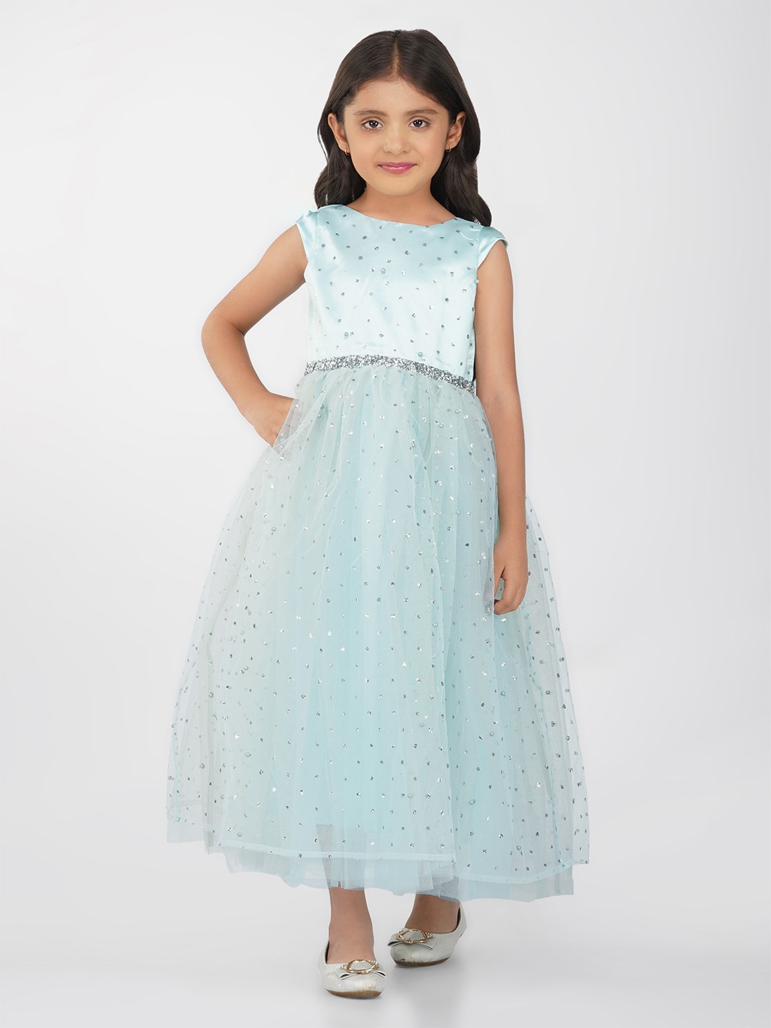 

Toy Balloon Girls Boat Neck Embellished Waist Fit & Flare Maxi Dress, Blue