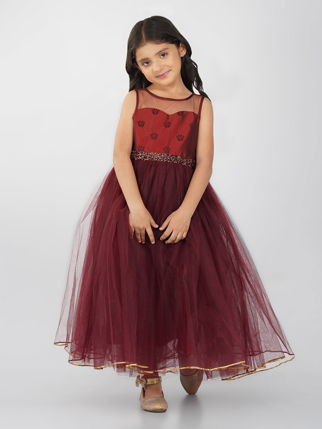 

Toy Balloon kids Girls Embellished Net Fit & Flare Maxi Dress, Burgundy